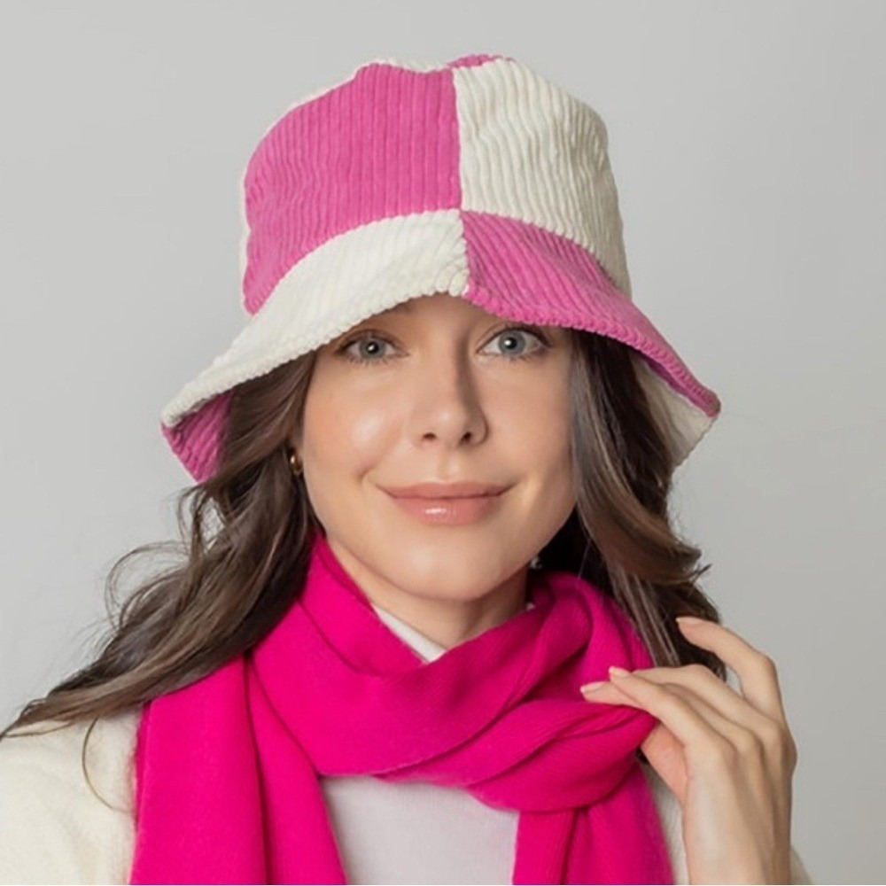 Do Everything In Love color block Pink & White Corduroy Bucket Hat NWT One Size